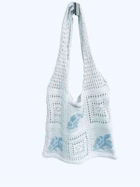 Crochet White Shoulder Bag with Blue Sea Turtle Print